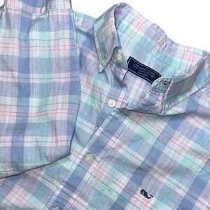 Vineyard Vines Men's M Pink & Blue Plaid Button Down Shirt Stretch